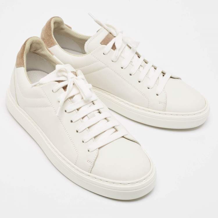 Pre Owned Brunello Cucinelli White/Beige Leather and Suede Low Top Sneakers Size 42