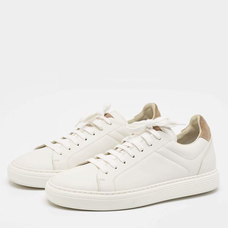 Pre Owned Brunello Cucinelli White/Beige Leather and Suede Low Top Sneakers Size 42