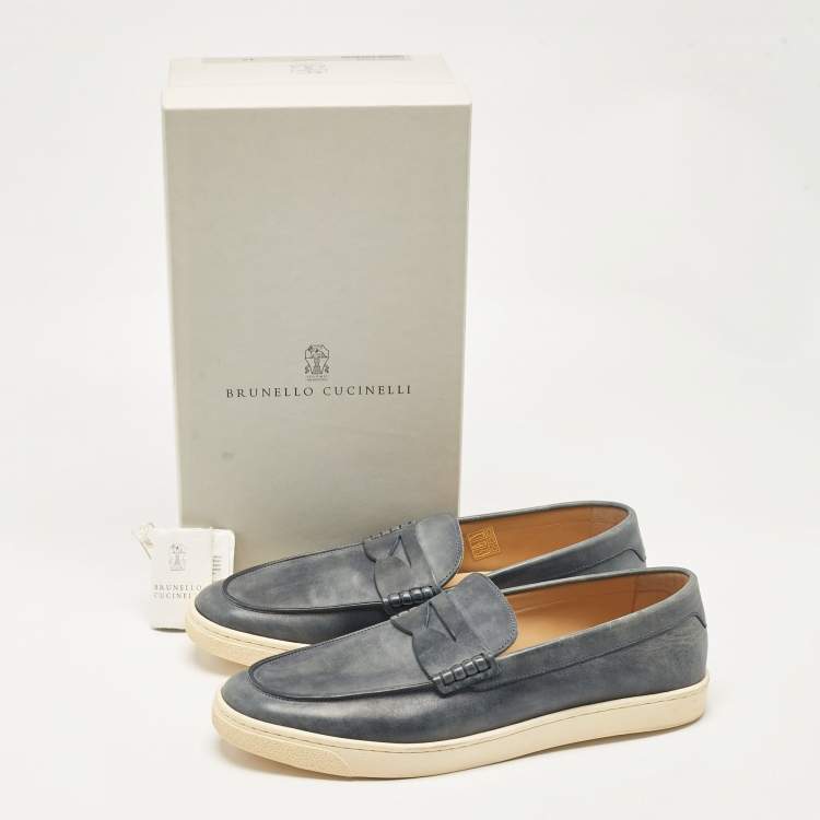 Pre Owned Brunello Cucinelli Blue Leather Penny Slip On Loafers Size  44.5