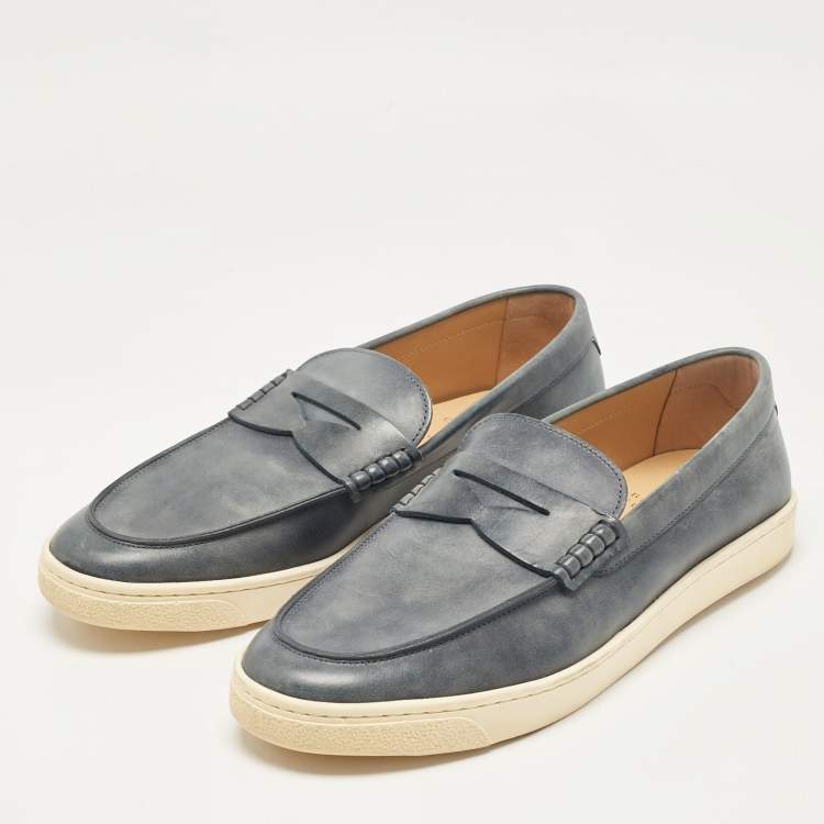 Brunello Cucinelli Blue Leather Penny Slip On Loafers Size