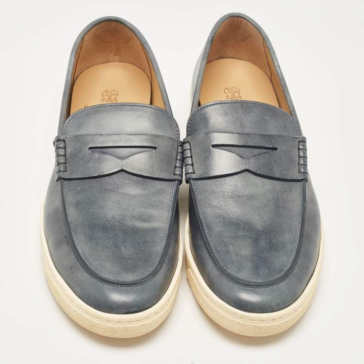 Pre Owned Brunello Cucinelli Blue Leather Penny Slip On Loafers Size  44.5