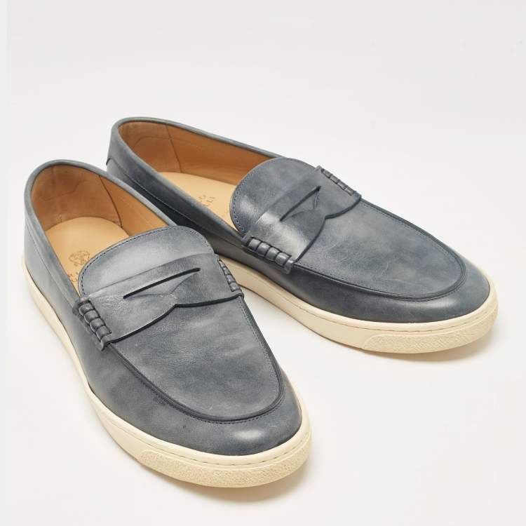 Pre Owned Brunello Cucinelli Blue Leather Penny Slip On Loafers Size  44.5