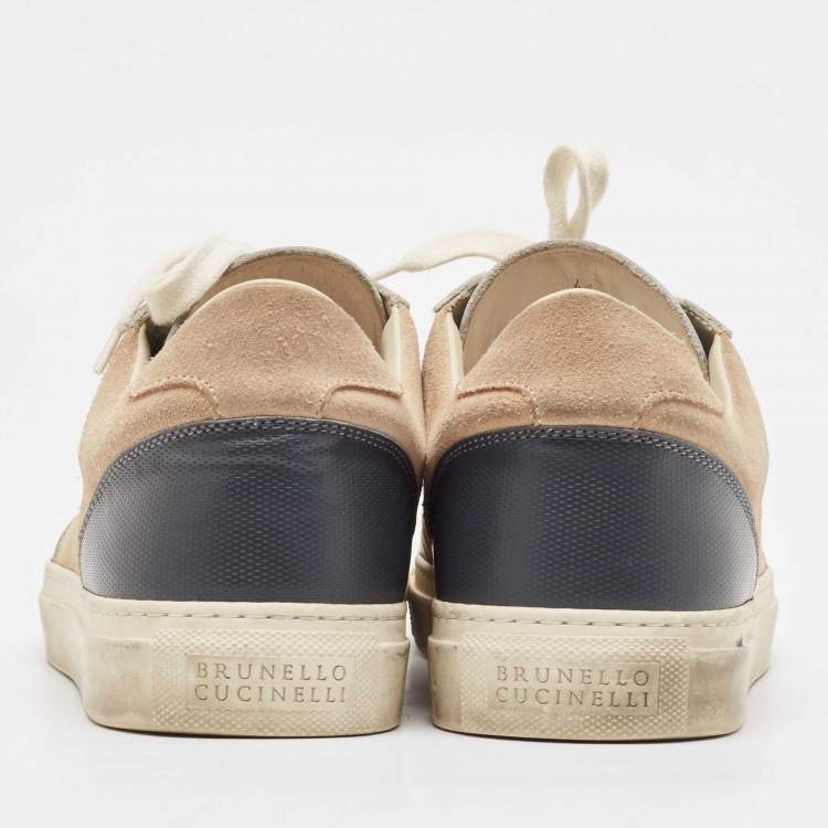 Pre Owned Brunello Cucinelli Beige/Grey Leather and Suede Lace Up Sneakers Size 41