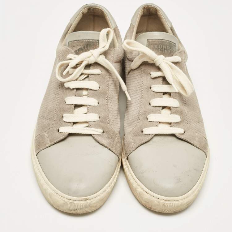Pre Owned Brunello Cucinelli Grey Leather and Suede Low Top Sneakers Size 44