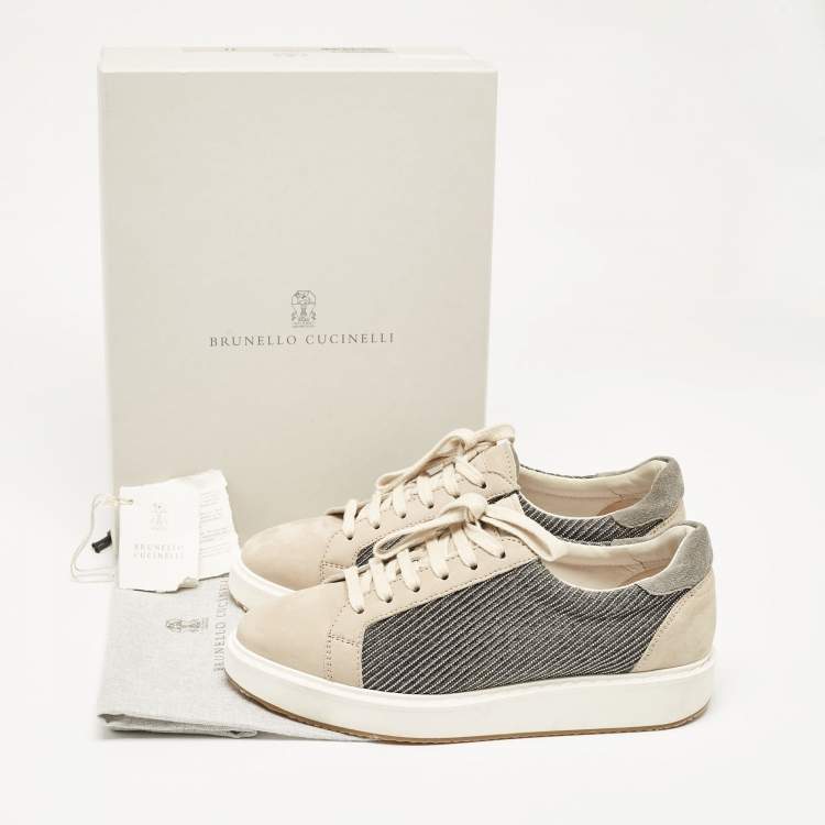 Pre Owned Brunello Cucinelli Beige/Grey Nubuck Leather and Wool Embellished Low Top Sneakers Size 41