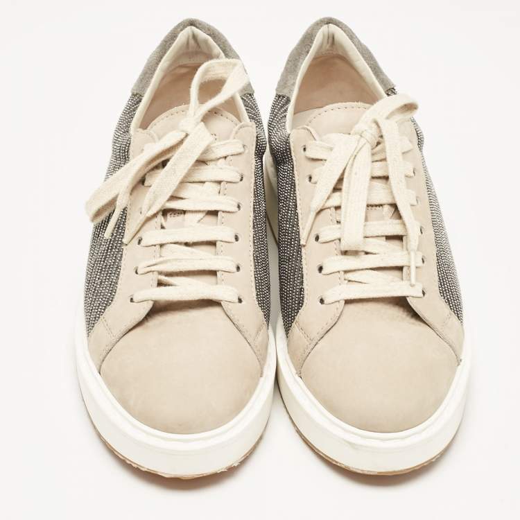 Pre Owned Brunello Cucinelli Beige/Grey Nubuck Leather and Wool Embellished Low Top Sneakers Size 41