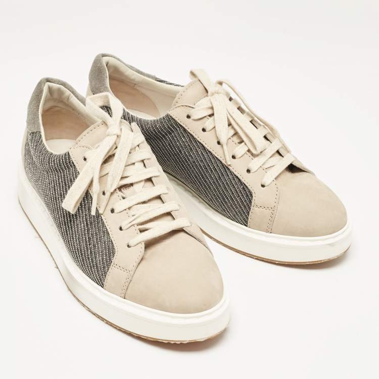 Pre Owned Brunello Cucinelli Beige/Grey Nubuck Leather and Wool Embellished Low Top Sneakers Size 41
