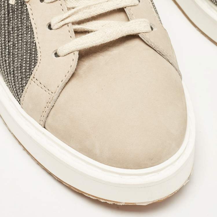 Pre Owned Brunello Cucinelli Beige/Grey Nubuck Leather and Wool Embellished Low Top Sneakers Size 41