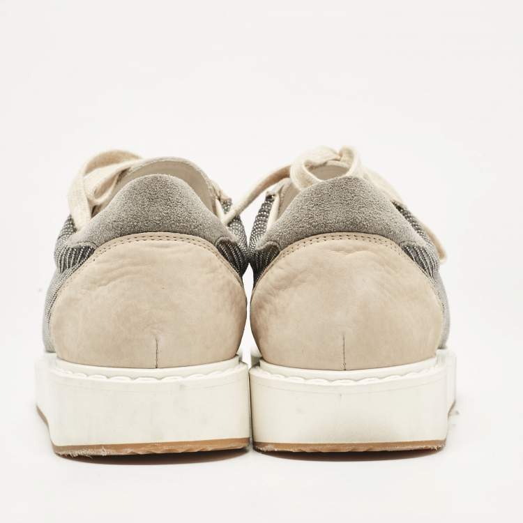 Pre Owned Brunello Cucinelli Beige/Grey Nubuck Leather and Wool Embellished Low Top Sneakers Size 41