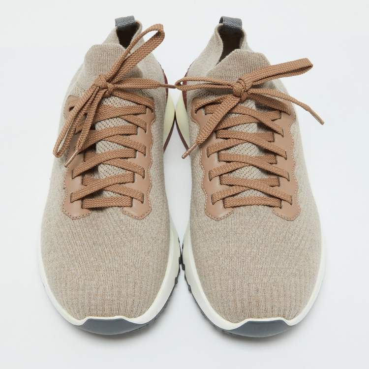 Pre Owned Brunello Cucinelli Beige Knit Fabric Low Top Sneakers Size 39