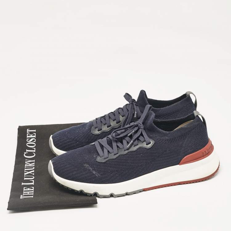 Pre Owned Brunello Cucinelli Navy Blue Knit Fabric Lace Up Sneakers Size 43