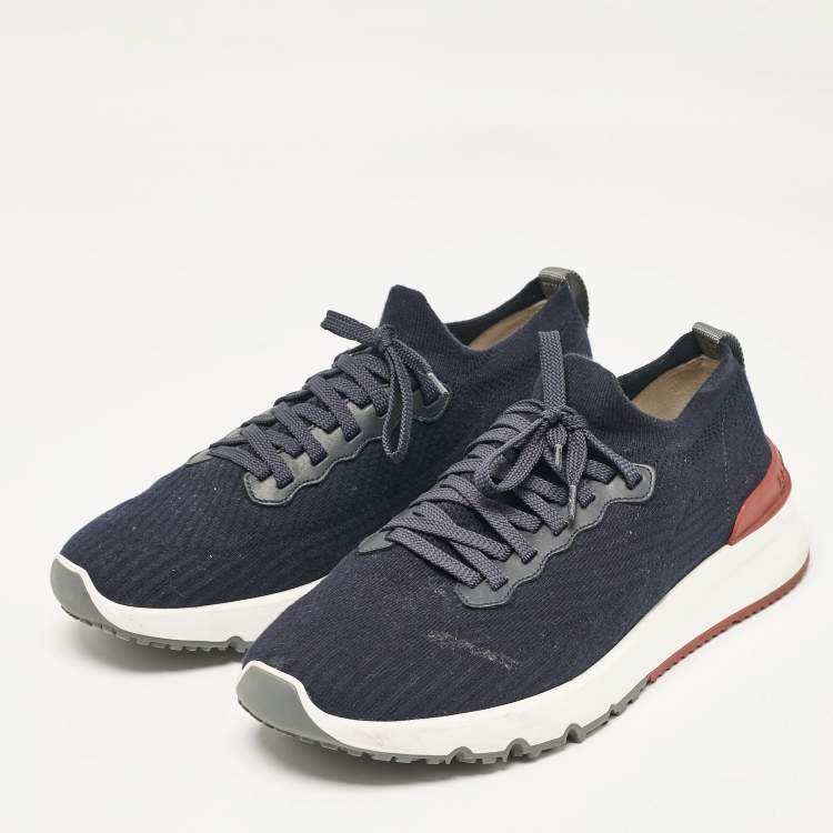 Pre Owned Brunello Cucinelli Navy Blue Knit Fabric Lace Up Sneakers Size 43