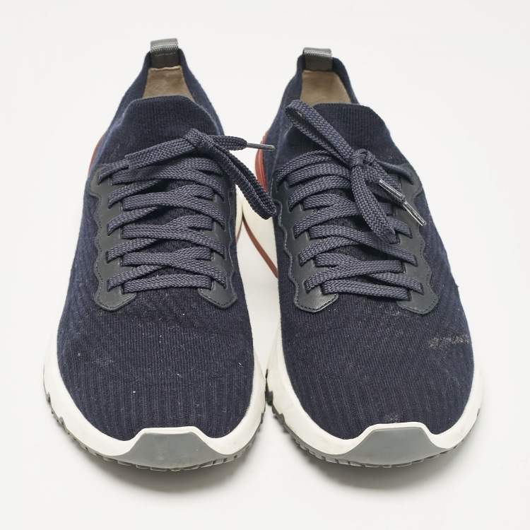 Pre Owned Brunello Cucinelli Navy Blue Knit Fabric Lace Up Sneakers Size 43