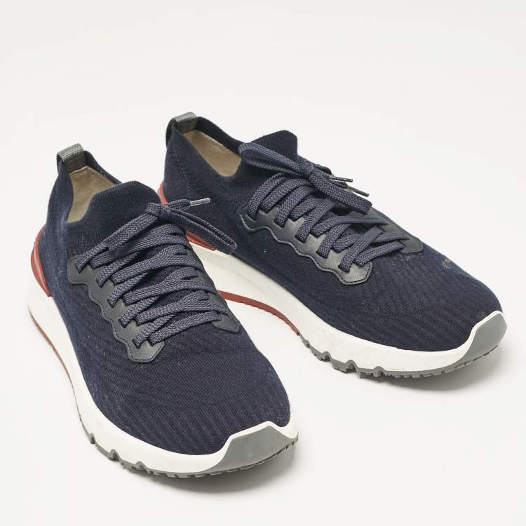 Pre Owned Brunello Cucinelli Navy Blue Knit Fabric Lace Up Sneakers Size 43