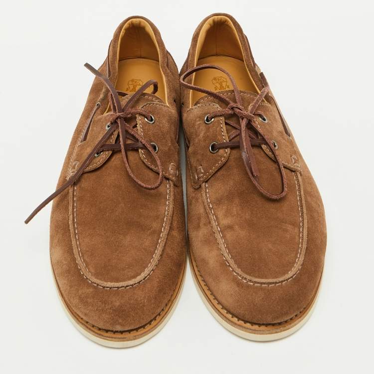Pre Owned Brunello Cucinelli Brown Suede Slip On Boat Loafers Size 45