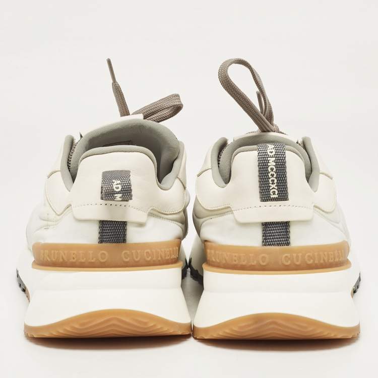 Pre Owned Brunello Cucinelli White/Grey Fabric and Leather Low Top Sneakers Size 43.5