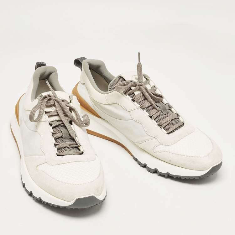 Pre Owned Brunello Cucinelli White/Grey Fabric and Leather Low Top Sneakers Size 43.5