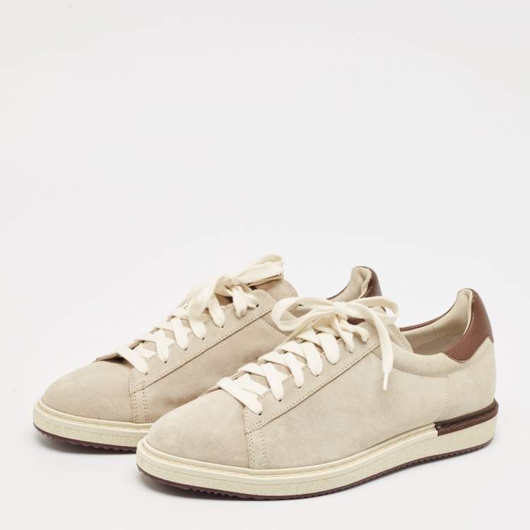 Pre Owned Brunello Cucinelli Grey/Brown Suede and Leather Trim Low Top Sneakers Size 43