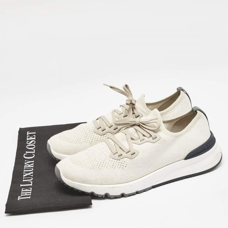 Pre Owned Brunello Cucinelli Cream/Grey Knit Fabric Low Top Sneakers Size 44