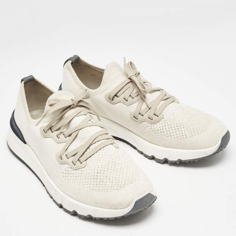 Pre Owned Brunello Cucinelli Cream/Grey Knit Fabric Low Top Sneakers Size 44