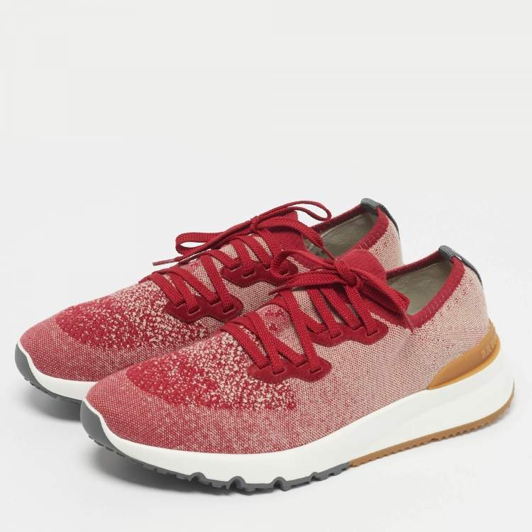 Pre Owned Brunello Cucinelli Red/Beige Knit Fabric Lace Up Sneakers Size 43