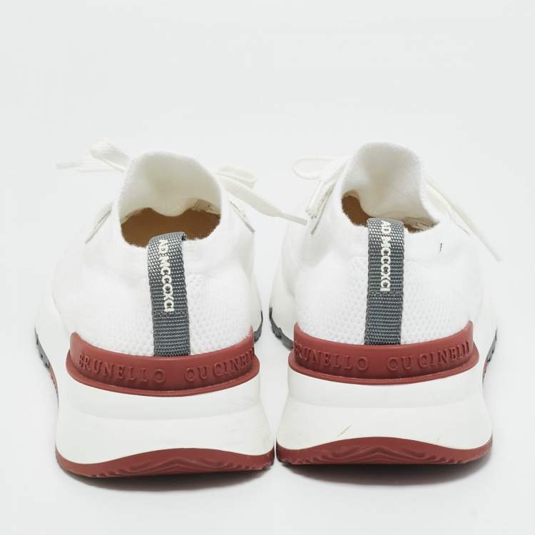 Pre Owned Brunello Cucinelli White Knit Fabric and Leather Low Top Sneakers Size 42