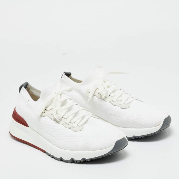 Pre Owned Brunello Cucinelli White Knit Fabric and Leather Low Top Sneakers Size 42