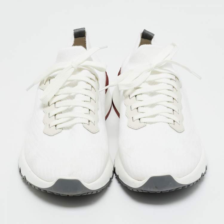 Pre Owned Brunello Cucinelli White Knit Fabric and Leather Low Top Sneakers Size 42