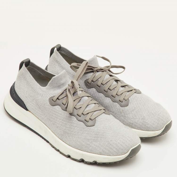 Pre Owned Brunello Cucinelli Size 45 Light Grey Knit Fabric Low Top Sneakers
