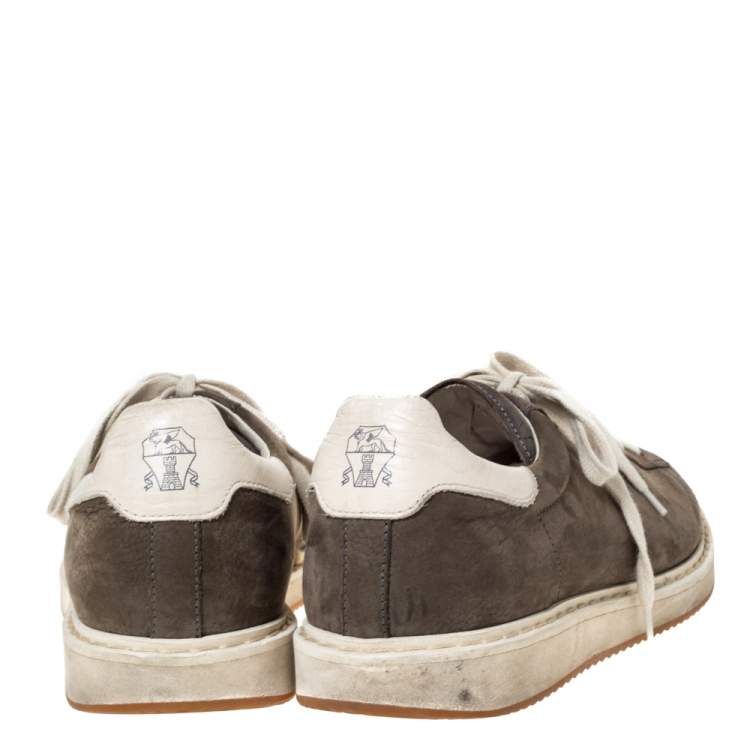 Pre Owned Brunello Cucinelli Grey Nubuck and Leather Trim Low Top Sneakers Size 44