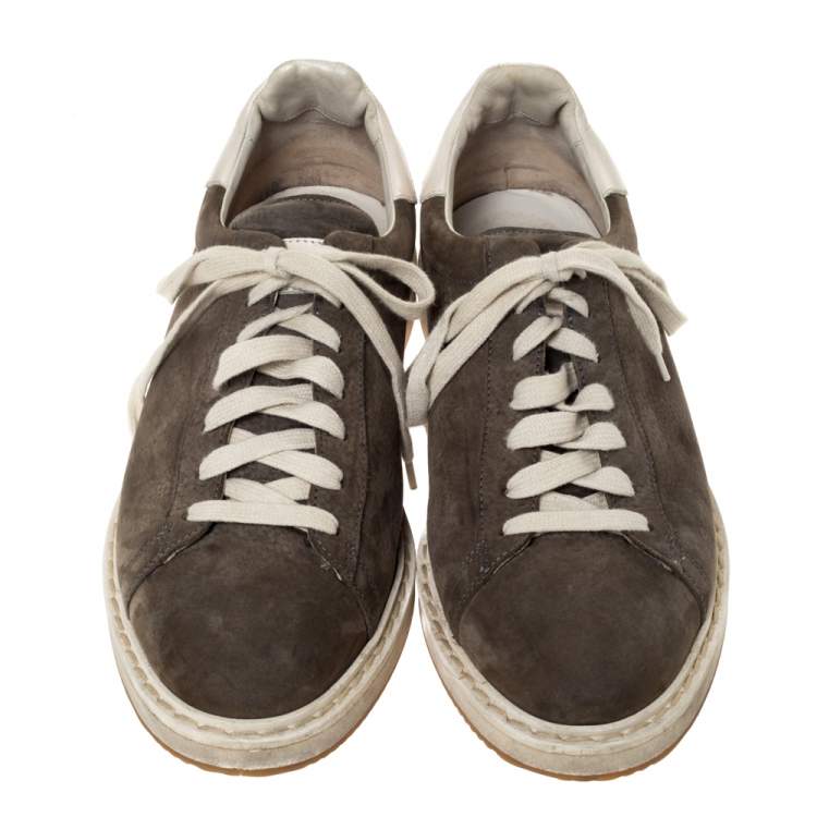 Pre Owned Brunello Cucinelli Grey Nubuck and Leather Trim Low Top Sneakers Size 44