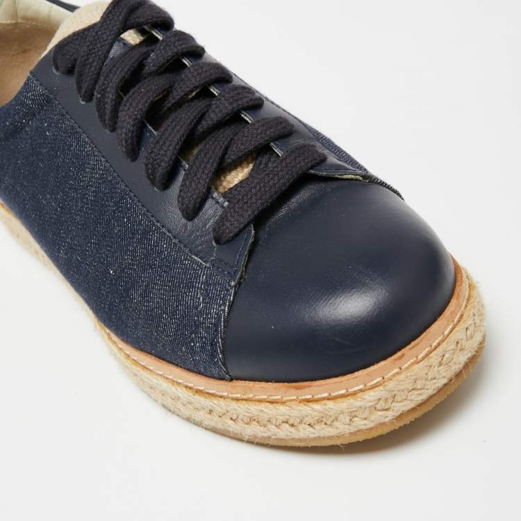 Pre Owned Brunello Cucinelli Blue Leather and Canvas Low-Top Sneakers Size 40