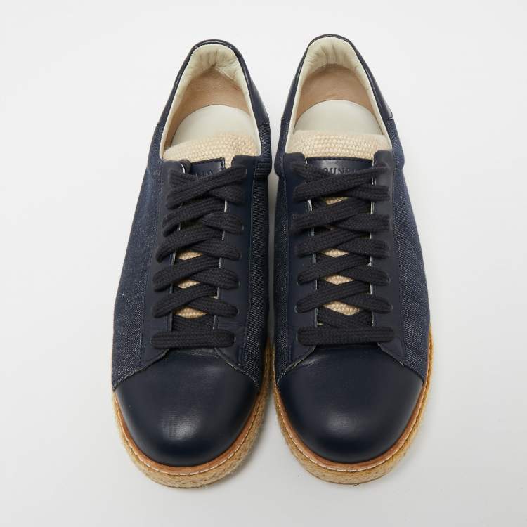Pre Owned Brunello Cucinelli Blue Leather and Canvas Low-Top Sneakers Size 40