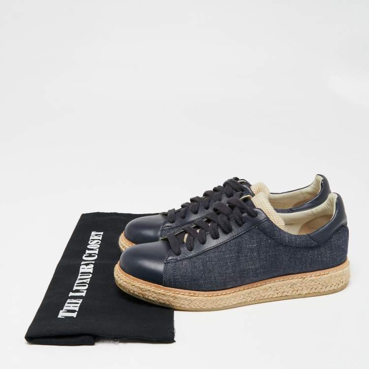 Pre Owned Brunello Cucinelli Blue Leather and Canvas Low-Top Sneakers Size 40