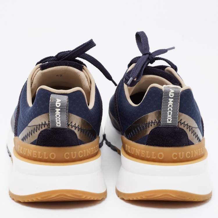 Pre Owned Brunello Cucinelli Blue Fabric And Suede Trimmed Sneakers Size 42