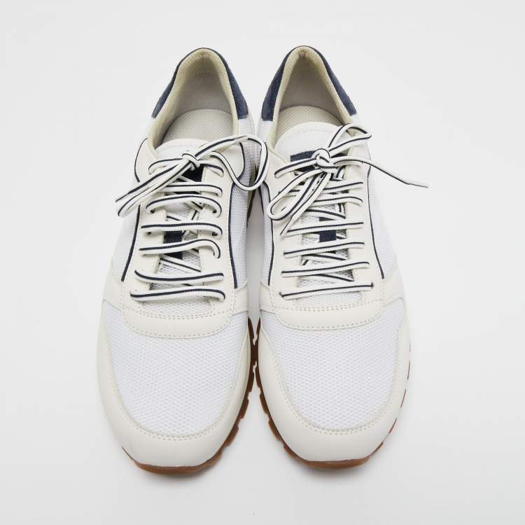 Pre Owned Brunello Cucinelli White/Navy Blue Leather and Mesh Low Top Sneakers Size 43.5