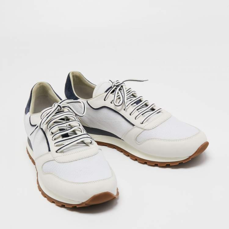 Pre Owned Brunello Cucinelli White/Navy Blue Leather and Mesh Low Top Sneakers Size 43.5
