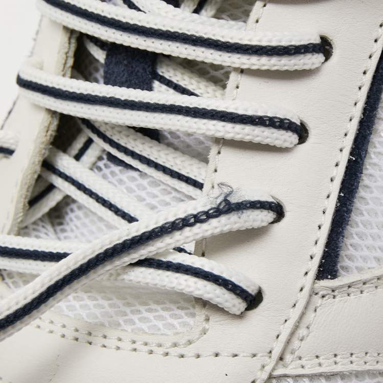 Pre Owned Brunello Cucinelli White/Navy Blue Leather and Mesh Low Top Sneakers Size 43.5