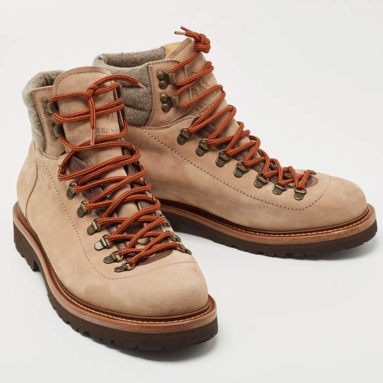 مملوكة مسبقًا Brunello Cucinelli Brown/Grey Nubuck Leather and fabric Ankle Boots Size 45