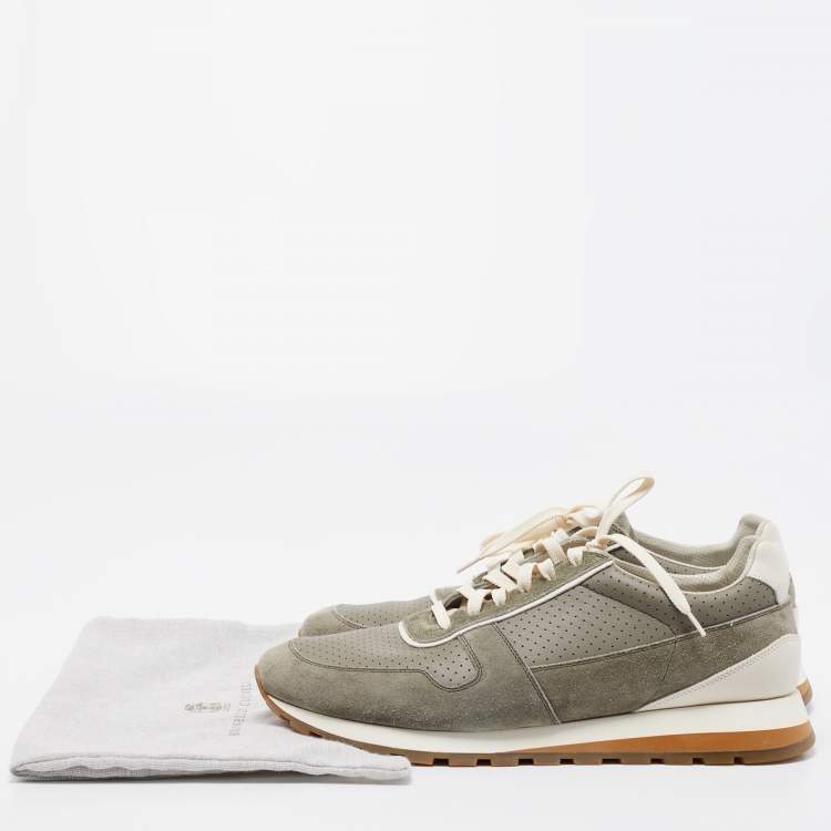 Pre Owned Brunello Cucinelli Grey/Green Suede and Leather Low Top Sneakers Size 45