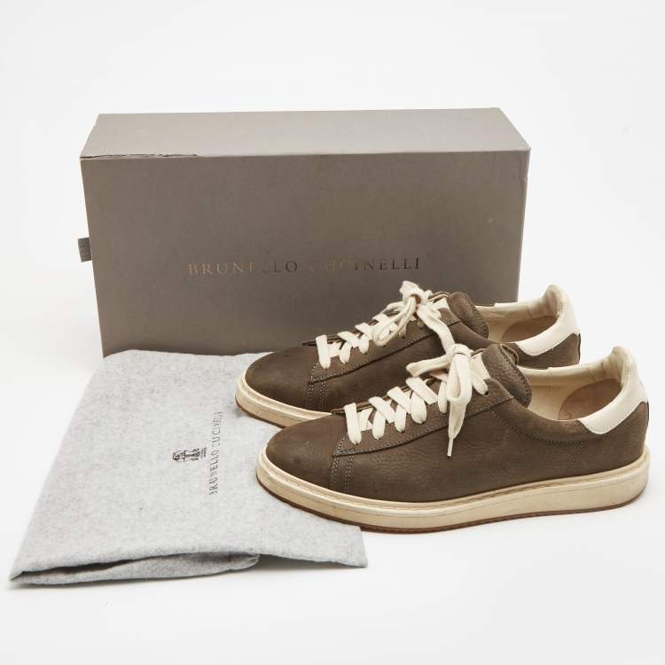 Pre Owned Brunello Cucinelli Olive Green/Grey Nubuck and Leather Trim Low Top Sneakers Size 41