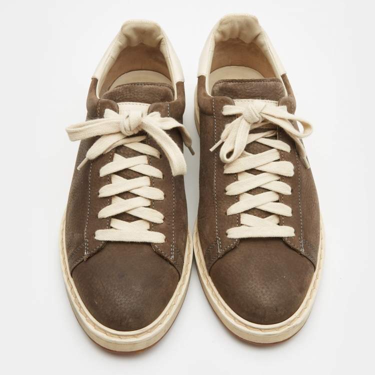 Pre Owned Brunello Cucinelli Olive Green/Grey Nubuck and Leather Trim Low Top Sneakers Size 41