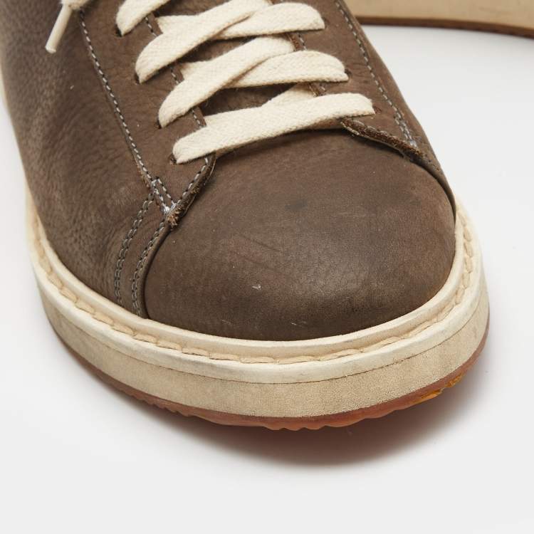 Pre Owned Brunello Cucinelli Olive Green/Grey Nubuck and Leather Trim Low Top Sneakers Size 41