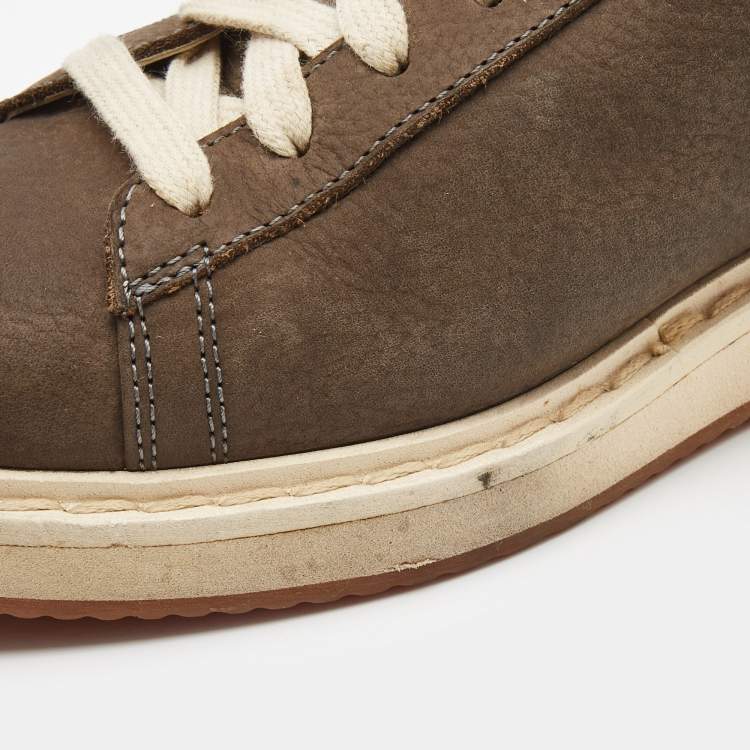 Pre Owned Brunello Cucinelli Olive Green/Grey Nubuck and Leather Trim Low Top Sneakers Size 41