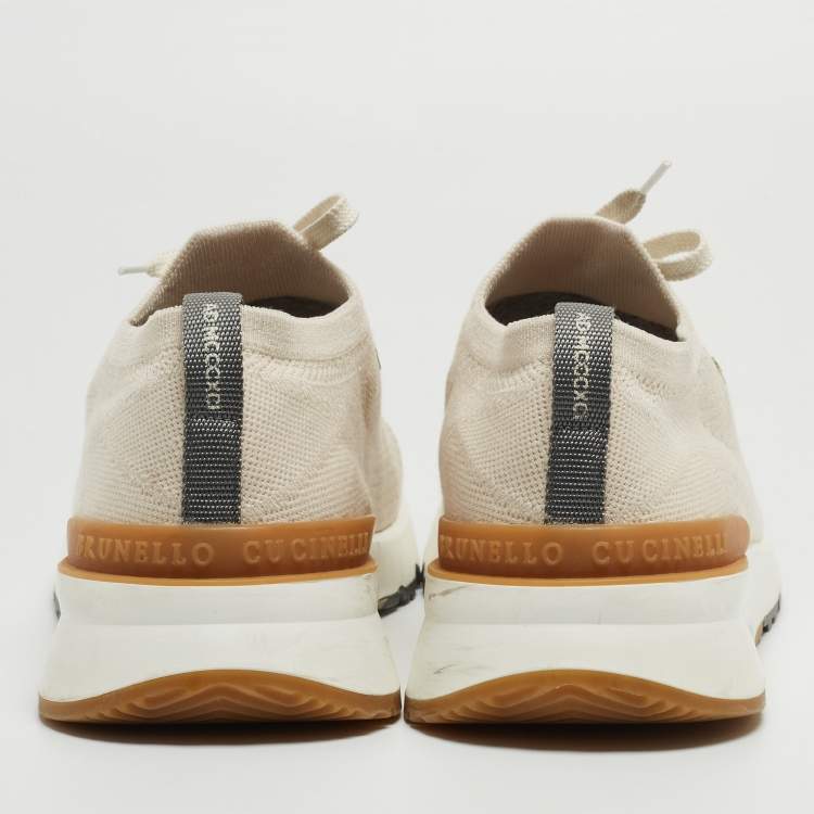 Pre Owned Brunello Cucinelli Cream Knit Fabric Low Top Sneakers Size 45