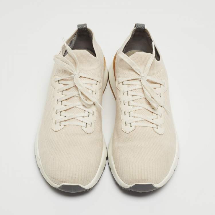 Pre Owned Brunello Cucinelli Cream Knit Fabric Low Top Sneakers Size 45
