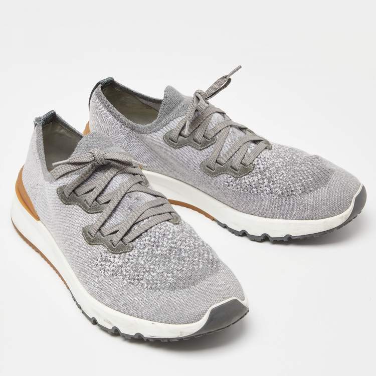 Pre Owned Brunello Cucinelli Grey Knit Fabric Low Top Sneakers Size 45