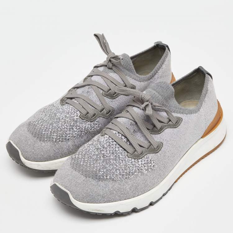 Pre Owned Brunello Cucinelli Grey Knit Fabric Low Top Sneakers Size 45