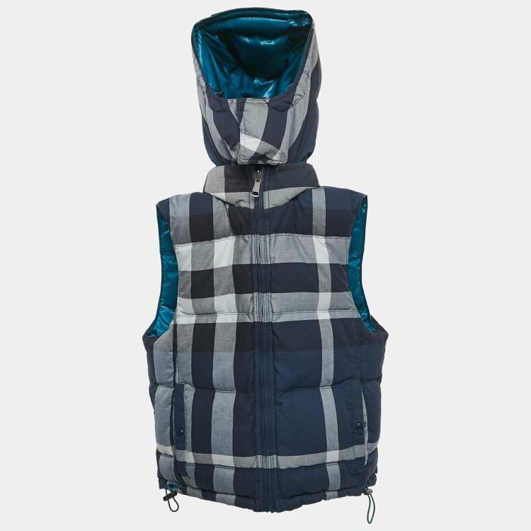 Pre Owned Burberry Brit Blue Nylon Quilted Zip-Up Hooded Reversible Jacket S