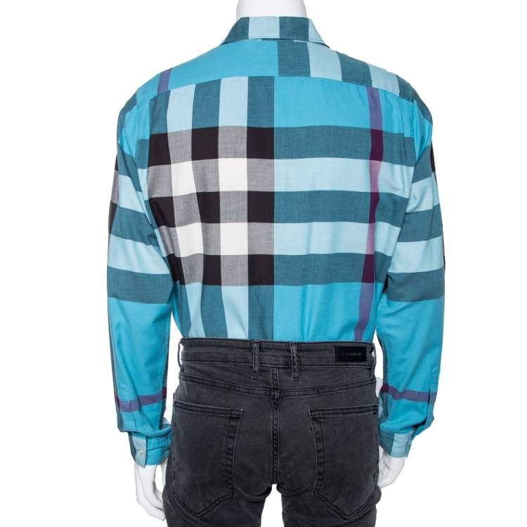 Pre Owned Burberry Brit Blue Checked Cotton Button Front Shirt L  
